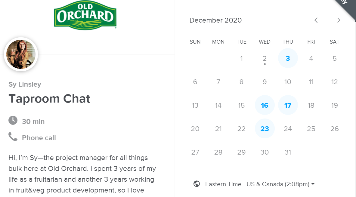 Screencap of Old Orchard's scheduling page, with calendar slots for availability and a text box with introduction from the program manager