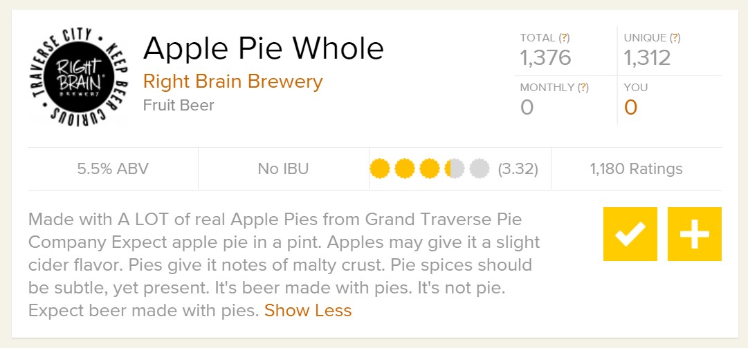 screencap of Untappd page description for Right Brain Brewery's beer made with pie